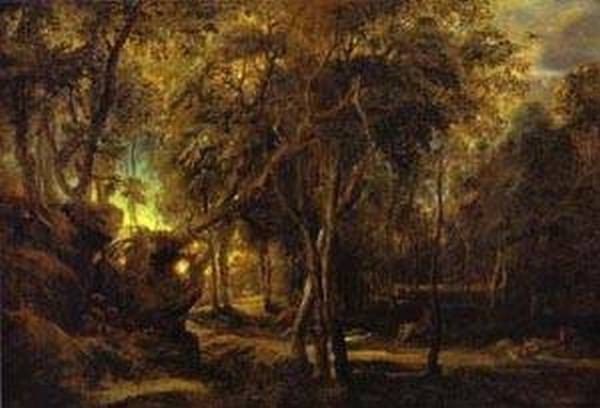 a forest at dawn with a deer hunt 1635 XX new york usa